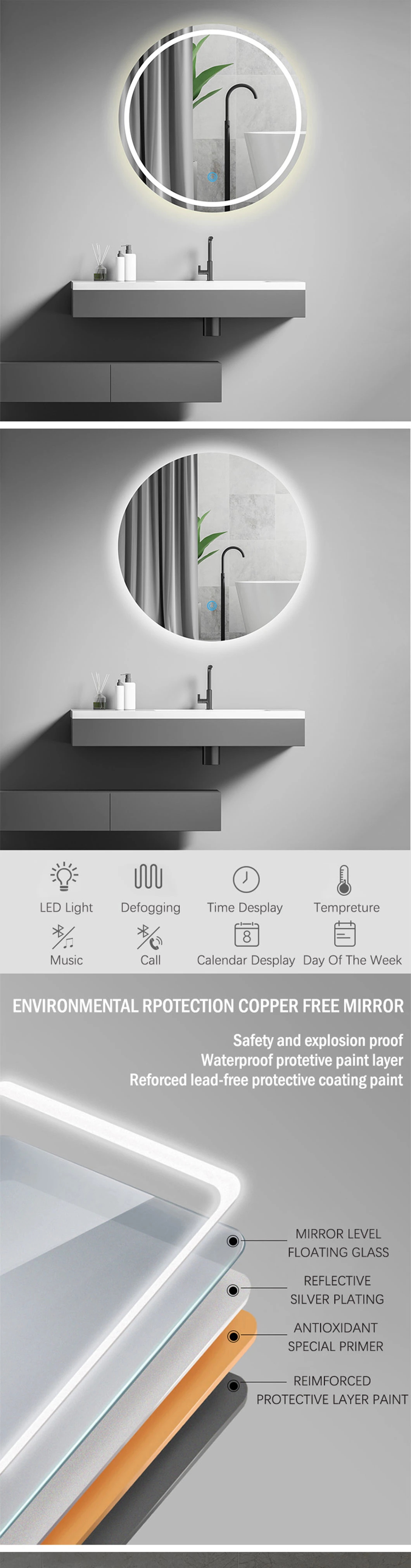 High End Spiegel Round Wall Mirror Custom Silver Modern Bath Mirrors LED Smart Bathroom Mirror with LED Light